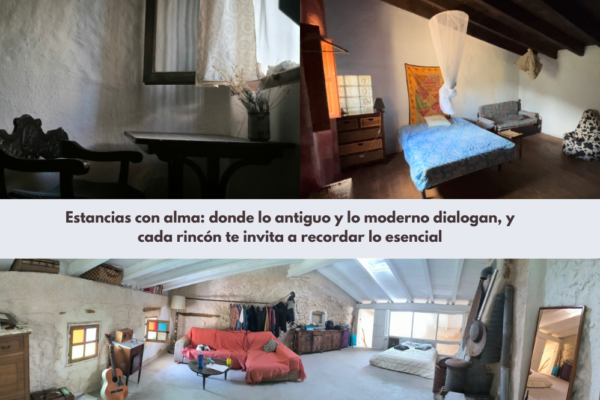Collage de tres imágenes que muestran habitaciones de montaña en Casa del Agua, con detalles en madera, muebles antiguos y luz natural, diseñadas para el descanso y la introspección.