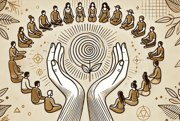 Personas reunidas en círculo meditando, símbolo de conexión espiritual y guía interior.