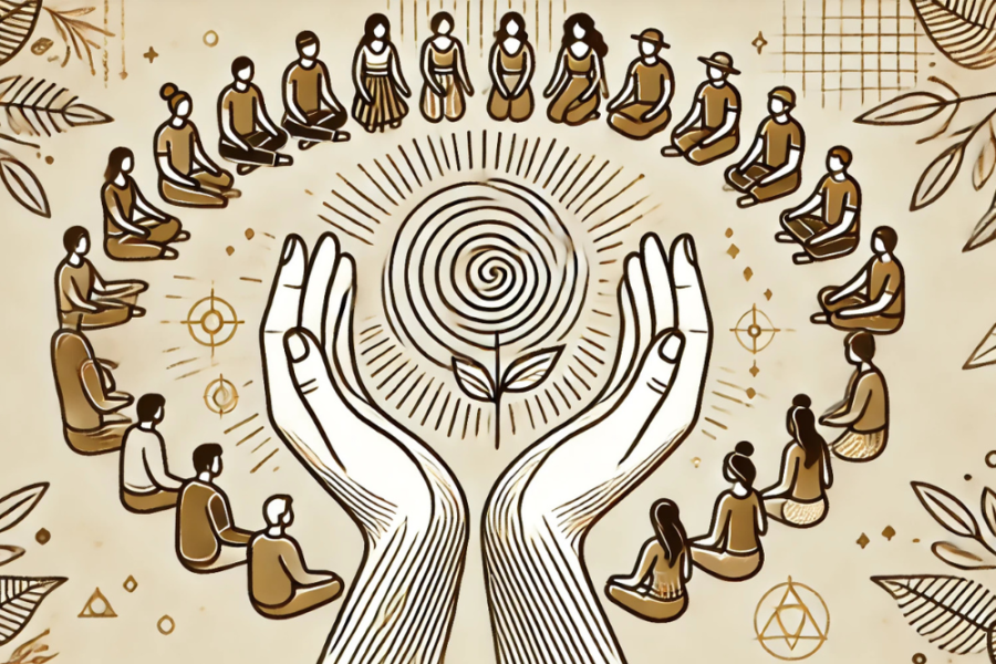 Personas reunidas en círculo meditando, símbolo de conexión espiritual y guía interior.
