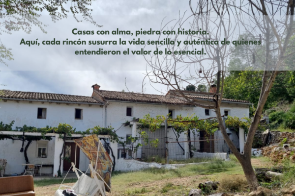 Tres casas antiguas de piedra en medio del bosque, con pequeñas ventanas y tejados tradicionales, reflejando la arquitectura de montaña de hace más de cien años