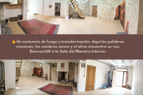 Sala del Maestro Interior en Casa del Agua, un espacio de 50 m² con chimenea central, alfombras, tatamis y acústica envolvente, ideal para ceremonias, talleres y procesos de transformación.