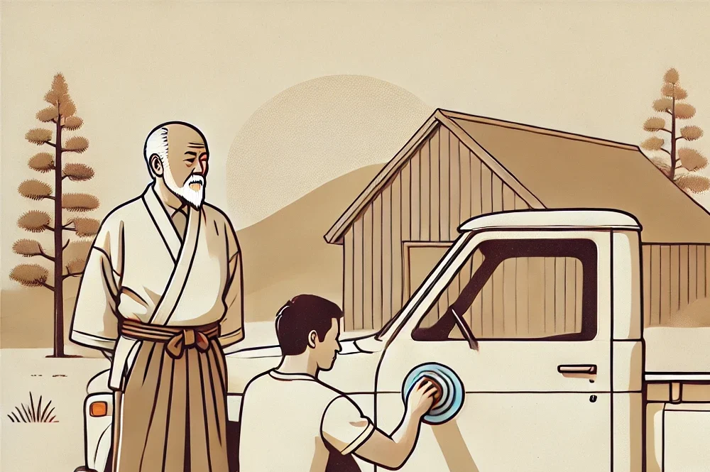 Maestro Miyagi observando mientras un joven encera una furgoneta, escena simbólica de aprendizaje consciente en la naturaleza.
