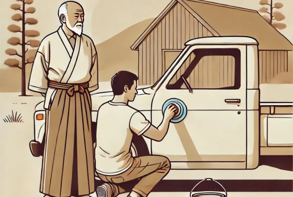 Ilustración minimalista de un hombre mayor observando con serenidad a un joven que encera una camioneta antigua al aire libre. Están en un entorno natural con árboles y una pequeña casa de madera al fondo. La escena evoca enseñanza y conexión con el presente.
