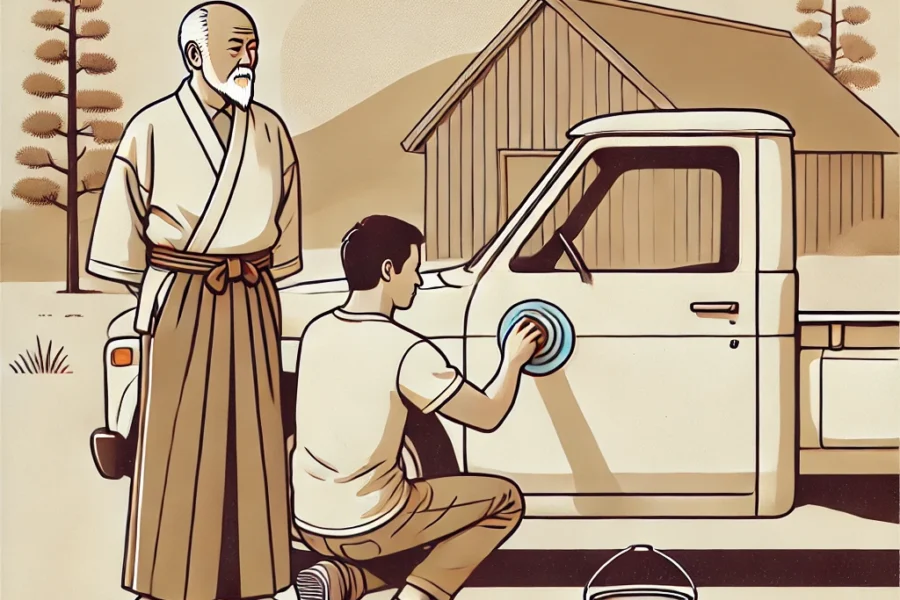 Ilustración minimalista de un hombre mayor observando con serenidad a un joven que encera una camioneta antigua al aire libre. Están en un entorno natural con árboles y una pequeña casa de madera al fondo. La escena evoca enseñanza y conexión con el presente.